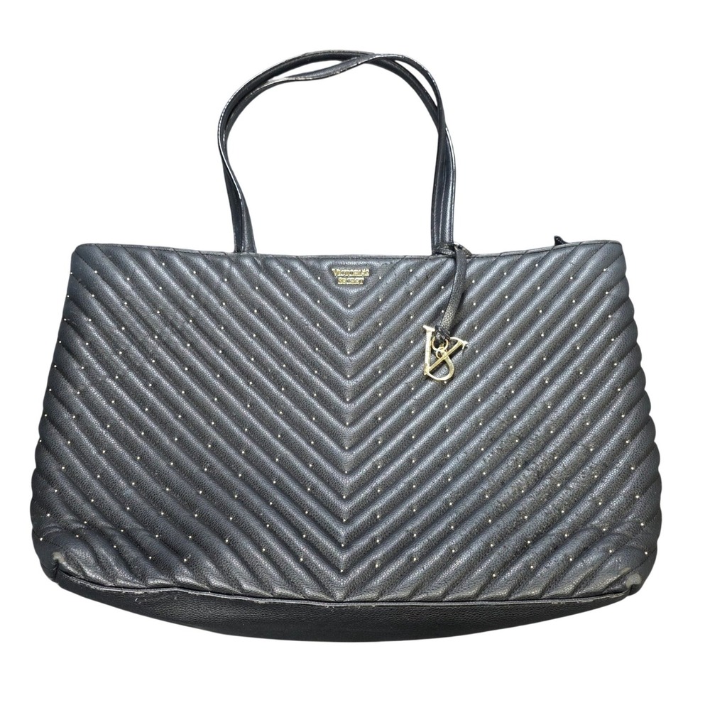 Victoria's Secret Tote Bag Women's Black Quilted Chevron Studded Gold Logo Charm